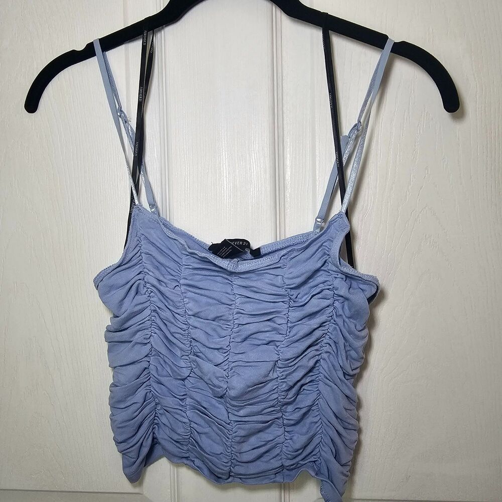 Women's Forever 21 Light Blue Ruched Half Shirt Spaghetti Strap Medium